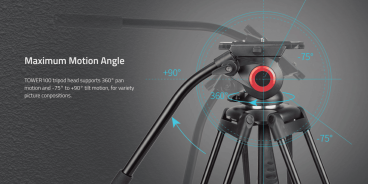 Swit TOWER100, Aluminum Camera Tripod KIT, TH100A Fluid Video Head, Mid-level Spreader, 10kg Payload, Soft Bag