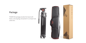 Swit TOWER100, Aluminum Camera Tripod KIT, TH100A Fluid Video Head, Mid-level Spreader, 10kg Payload, Soft Bag