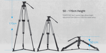 Swit TOWER150, Aluminum Camera Tripod KIT, TH150 Fluid Video Head, Ground Spreader, 15kg Payload, Soft Bag