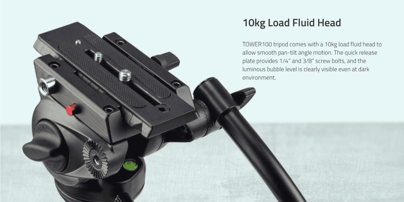Swit TOWER100, Aluminum Camera Tripod KIT, TH100A Fluid Video Head, Mid-level Spreader, 10kg Payload, Soft Bag