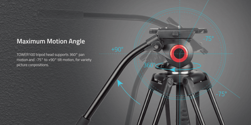 Swit TOWER100, Aluminum Camera Tripod KIT, TH100A Fluid Video Head, Mid-level Spreader, 10kg Payload, Soft Bag