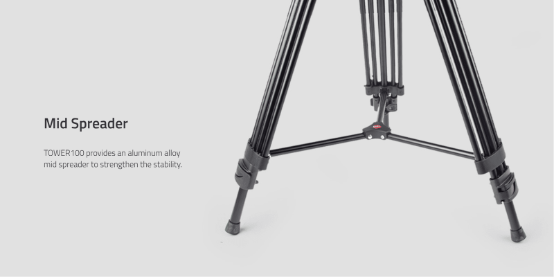 Swit TOWER100, Aluminum Camera Tripod KIT, TH100A Fluid Video Head, Mid-level Spreader, 10kg Payload, Soft Bag