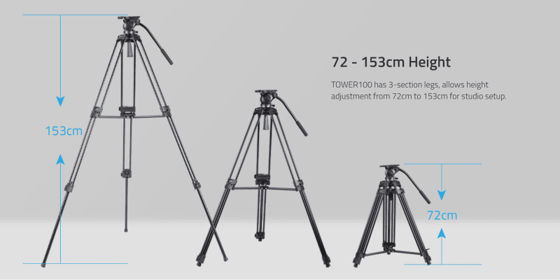 Swit TOWER100, Aluminum Camera Tripod KIT, TH100A Fluid Video Head, Mid-level Spreader, 10kg Payload, Soft Bag