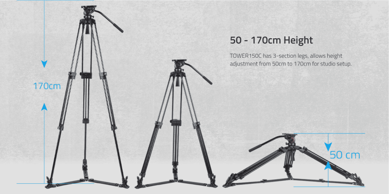 Swit TOWER150, Aluminum Camera Tripod KIT, TH150 Fluid Video Head, Ground Spreader, 15kg Payload, Soft Bag