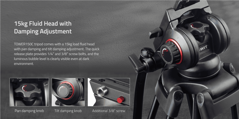 Swit TOWER150, Aluminum Camera Tripod KIT, TH150 Fluid Video Head, Ground Spreader, 15kg Payload, Soft Bag