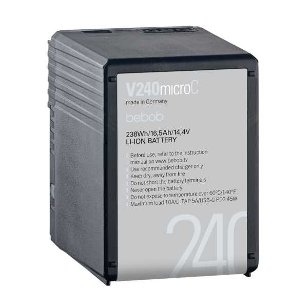 Bebob V240microC, micro V-Mount Li-Ion Akku, 14,4V / 16,5Ah/238Wh, USB-C PD3, D-Tap