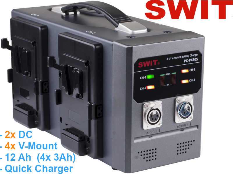 V-Mount SWIT PC-P430S 4-Kanal SIMULTAN 12 Amper Schnelllader und 2x DC (4p. XLR) OUT