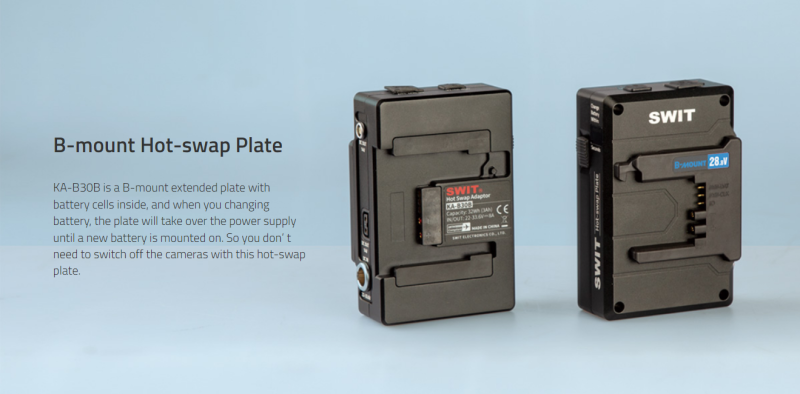 Swit KA-B30B, Hohe Belastbarkeit mit 2x D-Tap Out Hot-Swap-Platte für 28-V-B-Mount-Batterien an B-Mount-Geräte