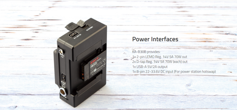 Swit KA-B30B, Hohe Belastbarkeit mit 2x D-Tap Out Hot-Swap-Platte für 28-V-B-Mount-Batterien an B-Mount-Geräte