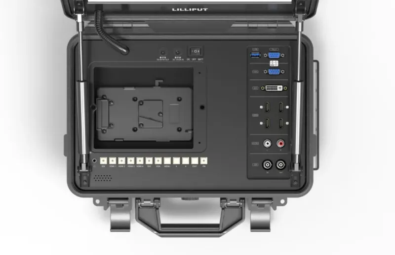 AVMATRIX PM1250, 12,5" LCD-Videomonitor 4K im Flight Case, V-Mount Akkuplatte