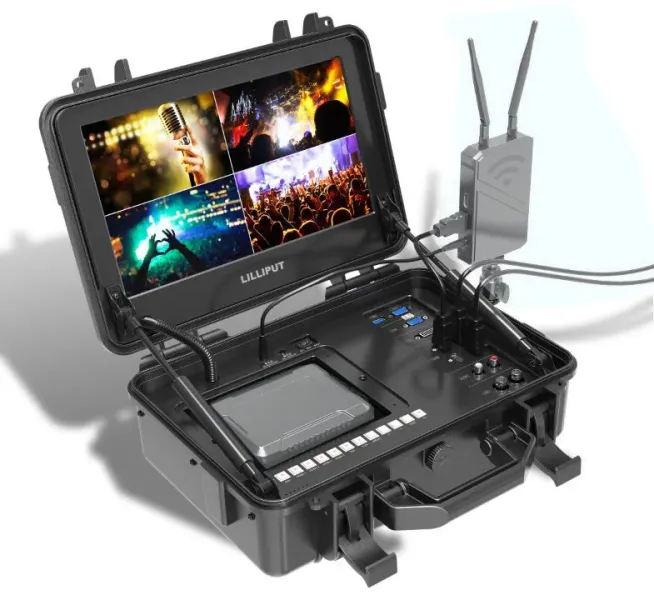 AVMATRIX PM1250, 12,5" LCD-Videomonitor 4K im Flight Case, V-Mount Akkuplatte