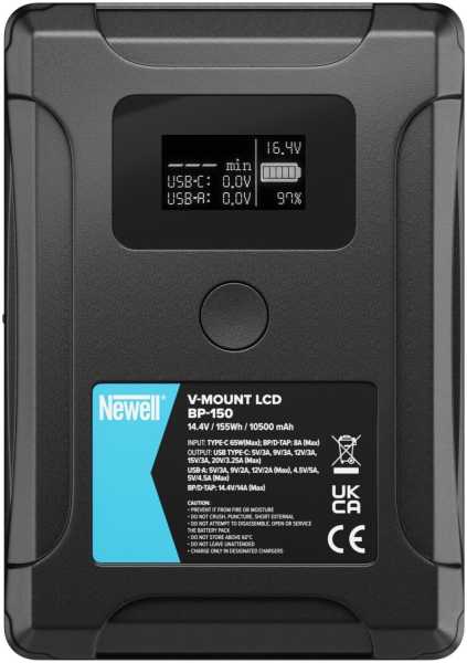 Newell BP-150LCD, V-Mount Li-Ion Akku 155 Wh/14,4 Volt / 10,5 Ah, USB-Ausgang: 5 V, 3 A, LCD Anzeige