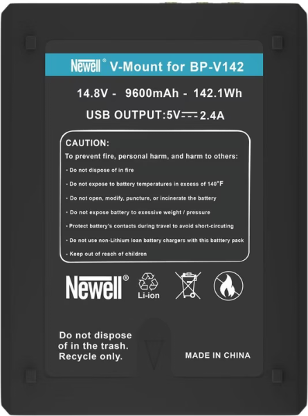 Newell BP-V142 SLIM, V-Mount Akku 142,1 Wh, 9,6 Ah, USB Output 5V / 2,4A, Gewicht 910 g