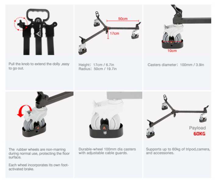 E-Image EI-7004B Dolly, Traglast bis zu 60kg, einstellbarer Kabelschutz