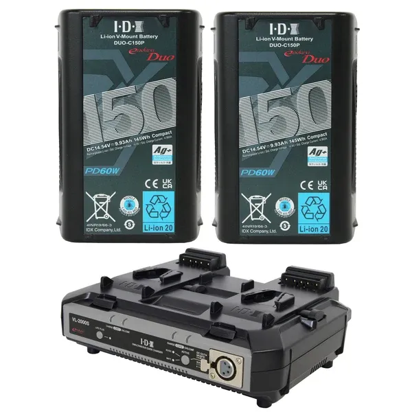 IDX ED-CP150/2000S, 2 x DUO-C150P Batteries, 1 x VL-2000S Simultaneous Charger with 4 pin XLR DC Output (100W)