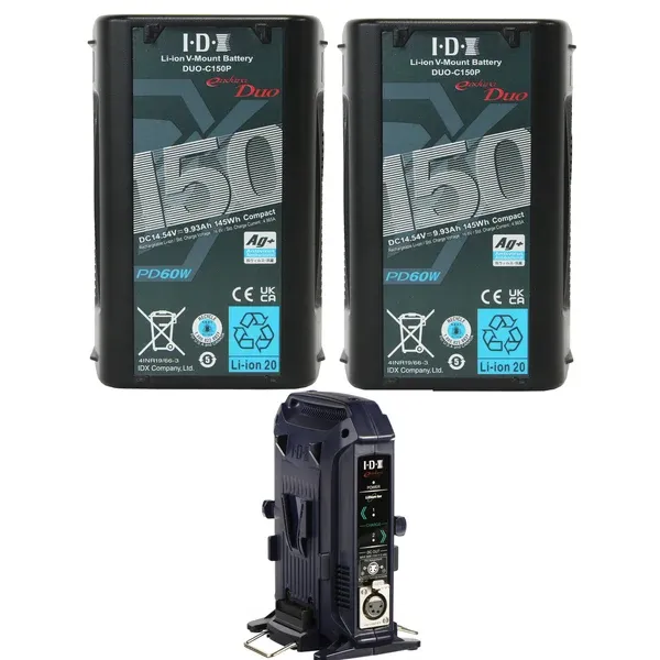 IDX ED-CP150/2X, 2x IDX DUO-C150P Batteries 1 x VL-2X Sequential Charger with 4 pin XLR DC Output (36W)