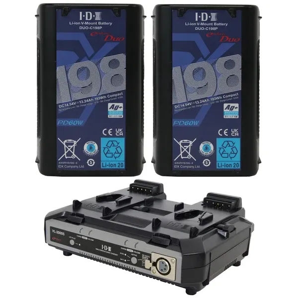 IDX ED-CP198/2000S, 2 x DUO-C198P Batteries, 1 x VL-2000S Simultaneous Charger with 4 pin XLR DC Output (100W)