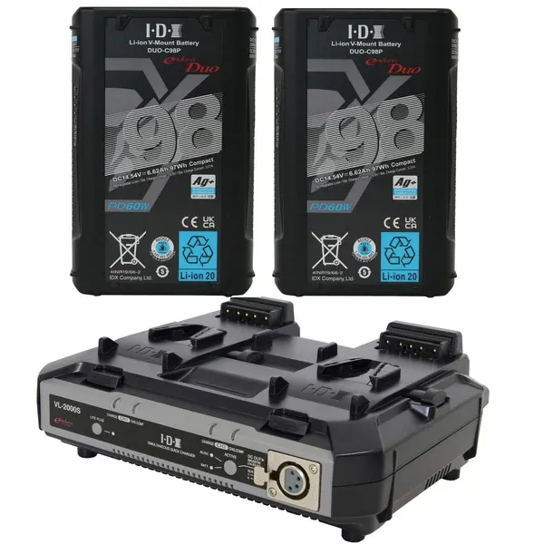 IDX ED-CP98/2000S, 2 x DUO-C98P Batteries, 1 x VL-2000S Simultaneous Charger with 4 pin XLR DC Output (100W)