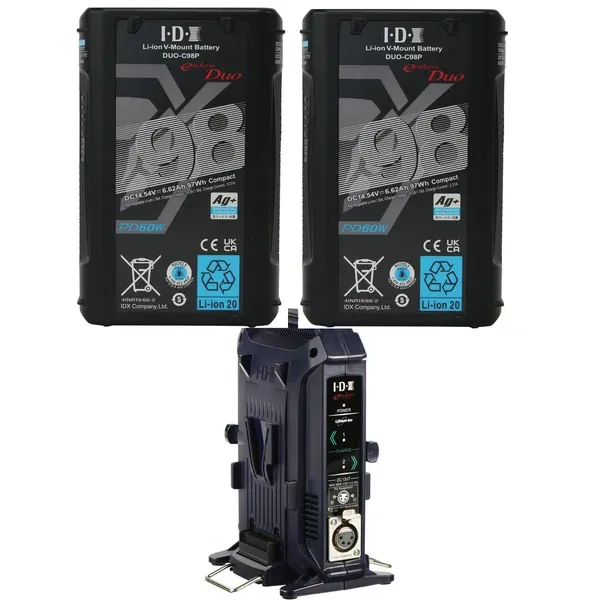 IDX ED-CP98/2X, 2x IDX DUO-C98P Batteries 1 x VL-2X Sequential Charger with 4 pin XLR DC Output (36W)