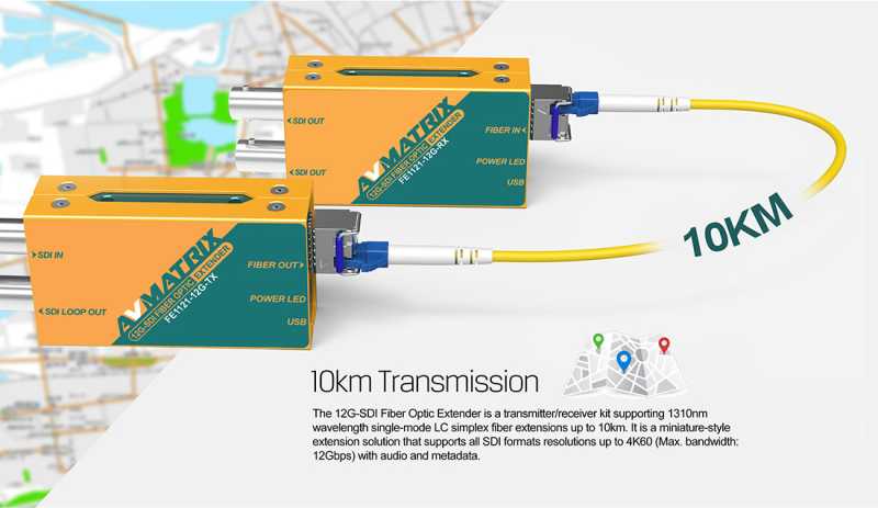 AVMatrix FE1121-12G-SDI Fiber Extender-Kit, Lichtwellenleiter-Extenderstrecke für 12G / 6G / 3G-SDI Videosignale bis 10km Leitungslänge