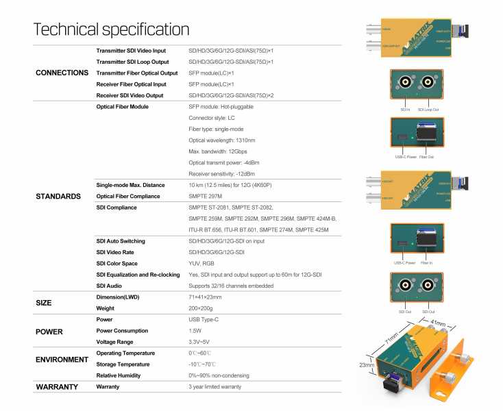 AVMatrix FE1121-12G-SDI Fiber Extender-Kit, Lichtwellenleiter-Extenderstrecke für 12G / 6G / 3G-SDI Videosignale bis 10km Leitungslänge