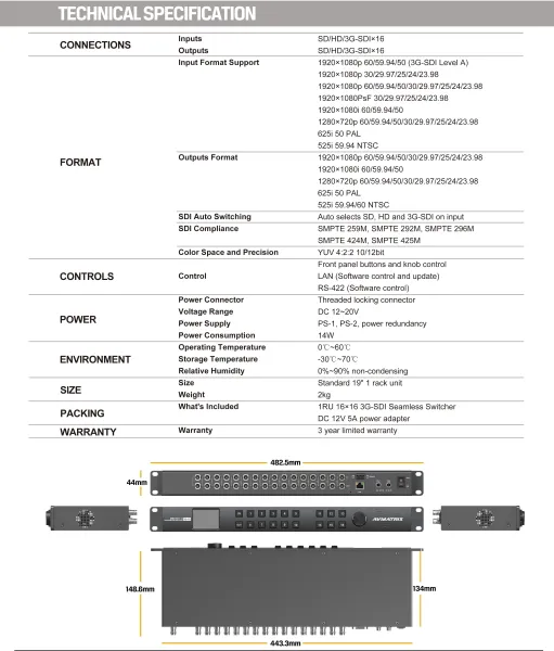 AVMatrix MSS1611-S 16x16 SD/HD/3G-SDI Matrix Switcher
