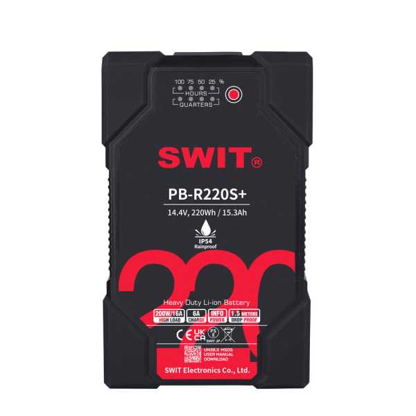 Swit PB-R220S+ l 220Wh Waterproof IP54 Robust Heavy-duty Battery, V-Mount, also ideal for long term use or high power draw lights