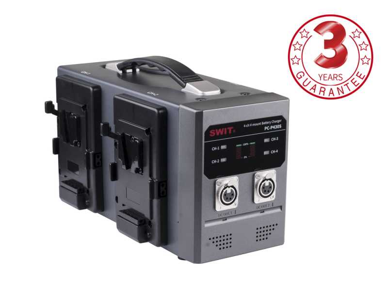 V-Mount SWIT PC-P430S 4-Kanal SIMULTAN 12 Amper Schnelllader und 2x DC (4p. XLR) OUT V-Mount SWIT PC-P430S 4-Kanal SIMULTAN 12 Amper Schnelllader und 2x DC (4p. XLR) OUT