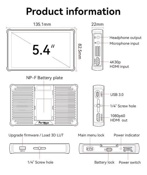 Portkeys - PL5,  5,4" Small Field HDMI-Kameramonitor für DSLR-Live-Streaming