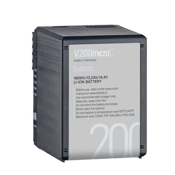 Bebob V200microC, micro V-Mount Li-Ion Akku, 14,4V / 13,2Ah/190Wh, USB-C PD3, D-Tap