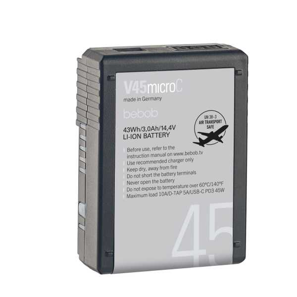 Bebob V45microC, micro V-Mount Li-Ion Akku, 14,4V / 3,0Ah/43Wh, USB-C PD3, D-Tap
